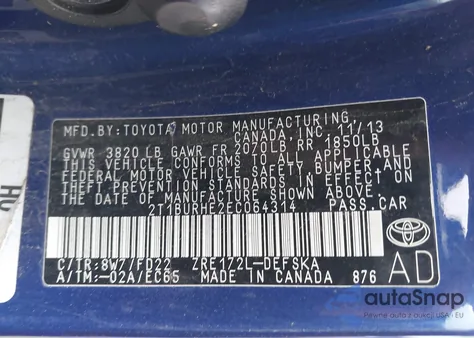 2014 Toyota Corolla S Plus z USA, uszkodzony, nr VIN 2T1BURHE2EC064314